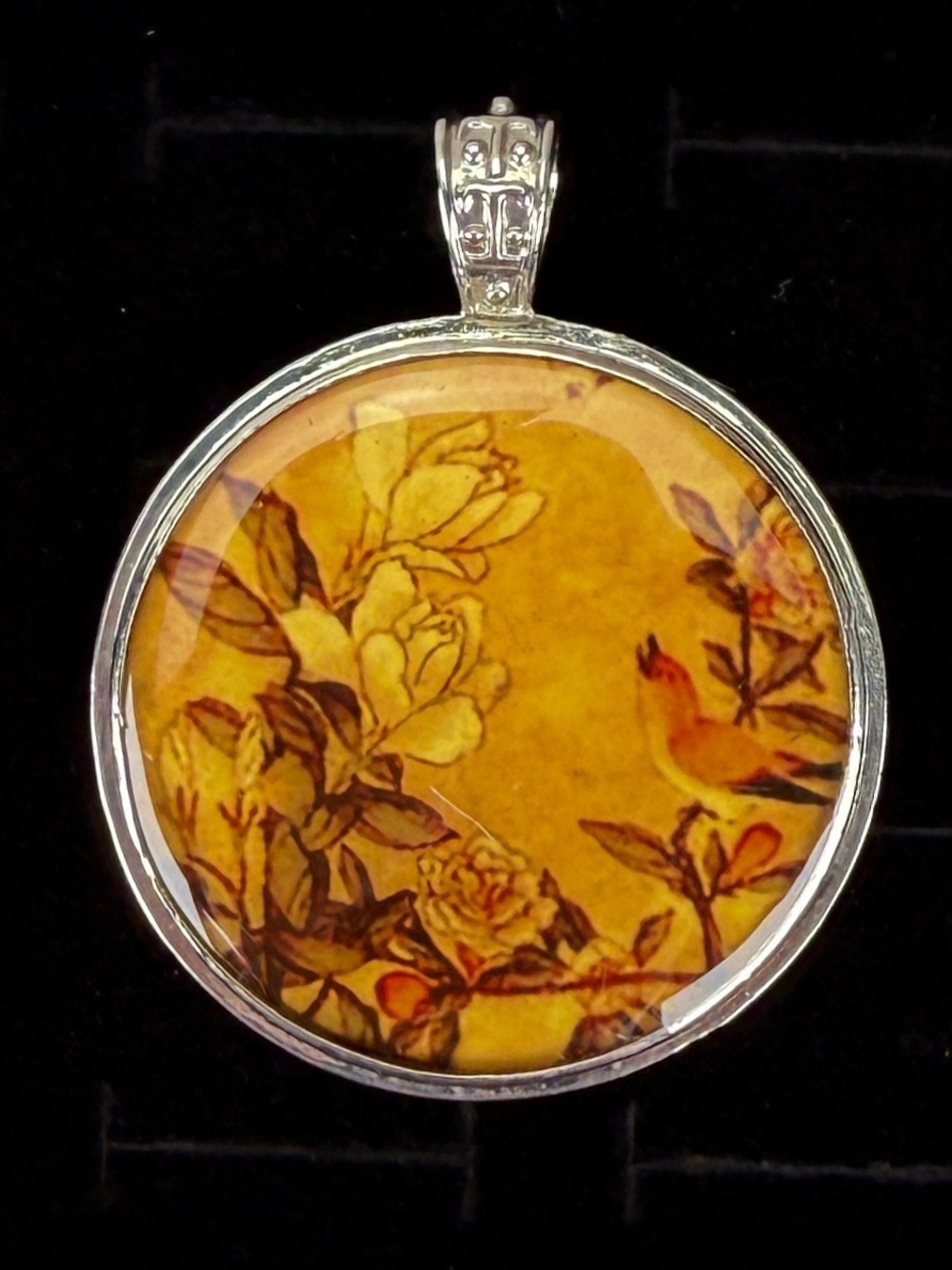 Vintage Floral Bird Scene Round Pendant Silver Tone Large Statement